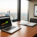 Modern corporate boardroom with a financial portfolio dashboard open on a laptop screen