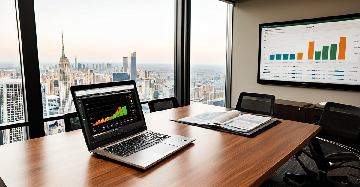 Modern corporate boardroom with a financial portfolio dashboard open on a laptop screen