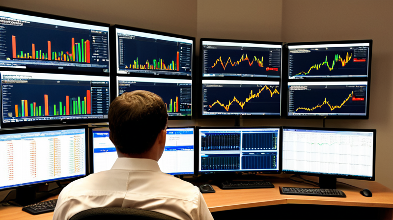 Multi-monitor trading desk displaying financial charts and corporate spreadsheets