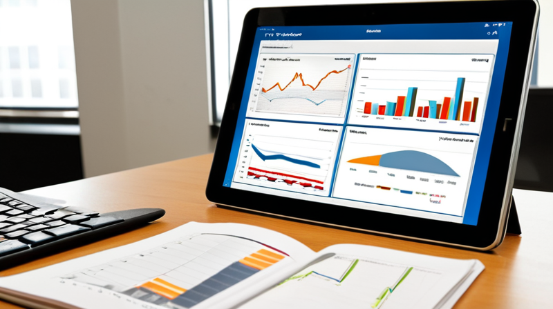 Tablet displaying investment metrics and risk-return profiles on a clean desk