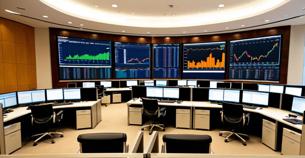 Modern investment banking trading floor with multi-monitor portfolio dashboards.