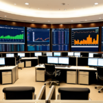 Modern investment banking trading floor with multi-monitor portfolio dashboards.