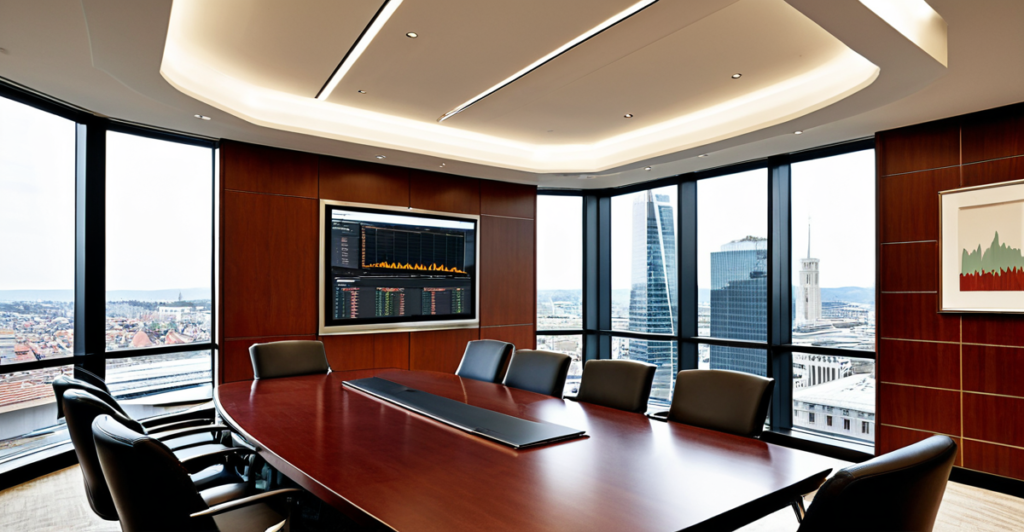 A modern corporate boardroom overlooking a financial district, symbolizing investment banking and corporate strategy.