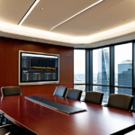 A modern corporate boardroom overlooking a financial district, symbolizing investment banking and corporate strategy.