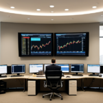 Modern trading floor with large screens displaying financial data and global market maps, emphasizing Private Equity and Investment Banking strategies.