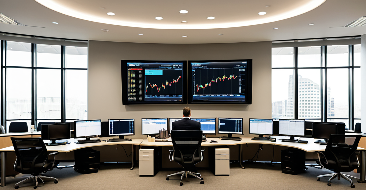 Modern trading floor with large screens displaying financial data and global market maps, emphasizing Private Equity and Investment Banking strategies.