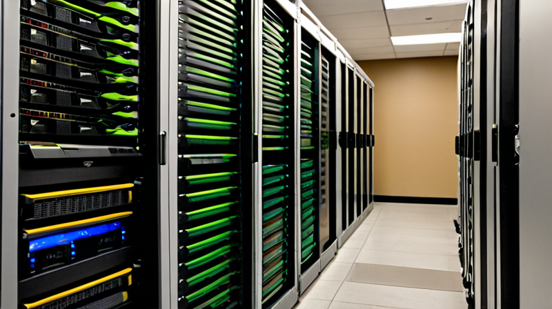 Server room with blinking lights and neatly bundled cables, representing the technological infrastructure supporting private equity investments.