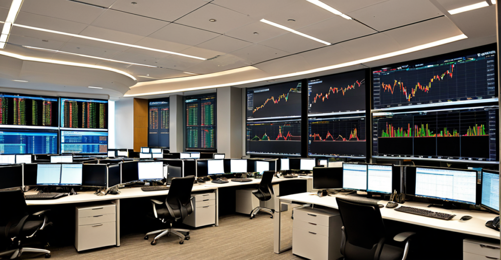 High-tech financial trading floor with multiple screens displaying market data and investment strategies