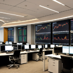 High-tech financial trading floor with multiple screens displaying market data and investment strategies