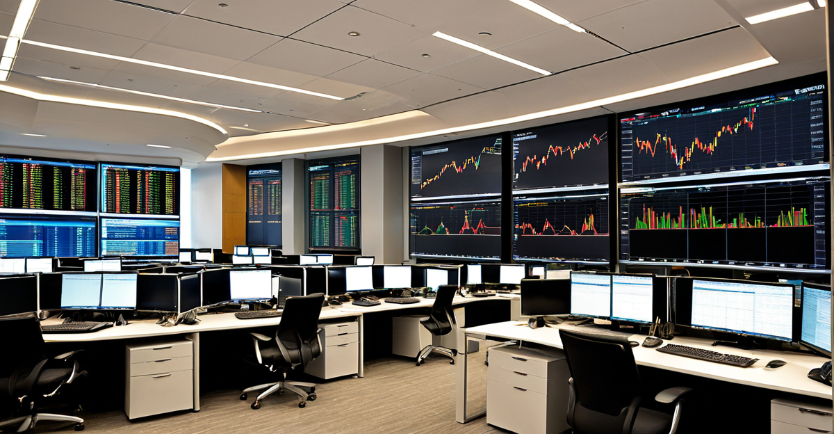 High-tech financial trading floor with multiple screens displaying market data and investment strategies