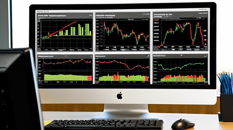 Financial analyst's workstation showing advanced portfolio allocation models and real-time market data on multiple screens