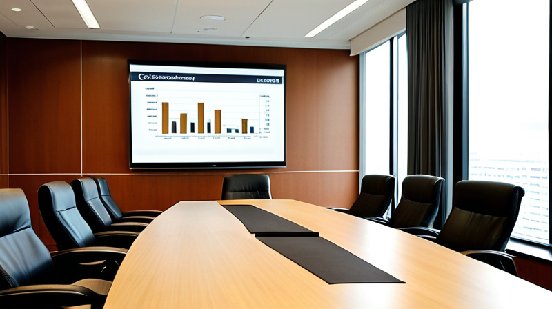 Conference room setup for strategic financial planning, displaying company projections and organizational charts