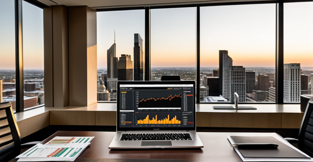 Modern corporate boardroom table with financial reports and digital portfolio dashboard representing private equity and investment banking.