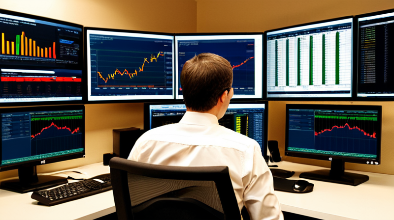 Dual-monitor financial workstation showing asset allocation models and market spreadsheets.
