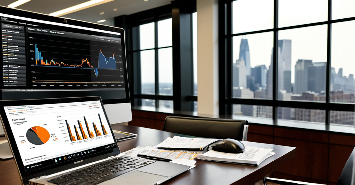 An investment banking boardroom featuring financial reports and asset allocation models on screen.