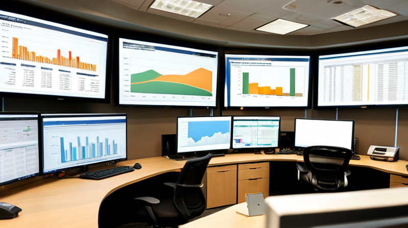 An investment banking operations floor with multi-screen terminals and global transaction displays.