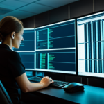 Over-the-shoulder view of a network operations center monitoring real-time cryptographic encryption logs and global server nodes.