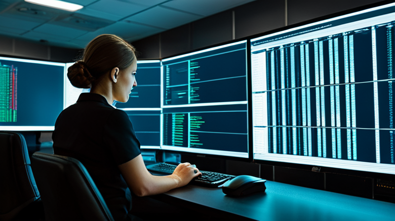 Over-the-shoulder view of a network operations center monitoring real-time cryptographic encryption logs and global server nodes.