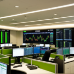 Overview of a sustainable finance trading floor with screens showing green bond market analysis data
