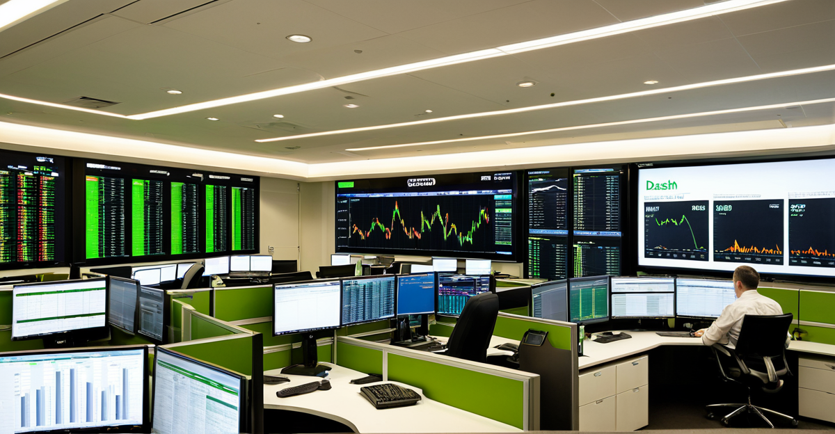 Overview of a sustainable finance trading floor with screens showing green bond market analysis data
