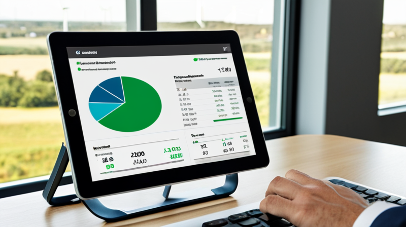 Digital dashboard showing green bond allocation data with a wind farm in the background