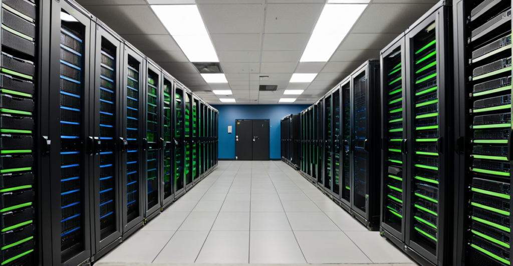 A modern server room with high-performance computing racks representing the infrastructure behind the AI boom.