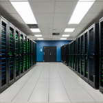 A modern server room with high-performance computing racks representing the infrastructure behind the AI boom.