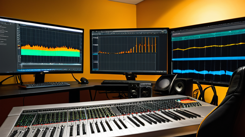 A professional audio studio setup featuring a high-end microphone and a digital audio workstation screen.