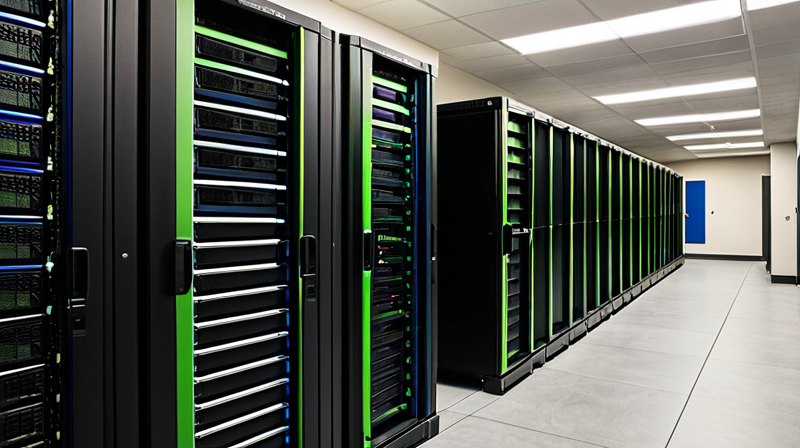 High-density GPU server racks in a modern data center facility