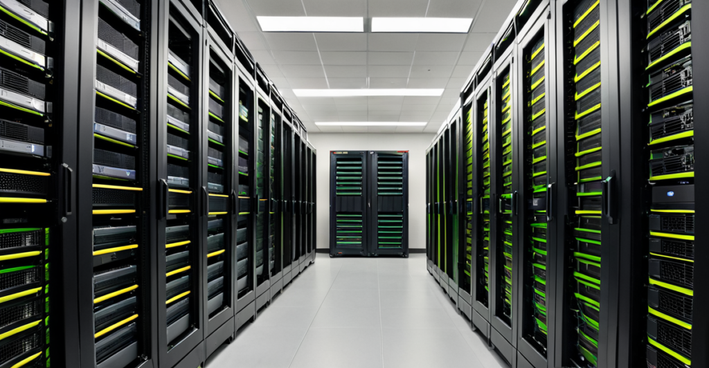 High-density GPU server racks in a modern data center powering generative AI models