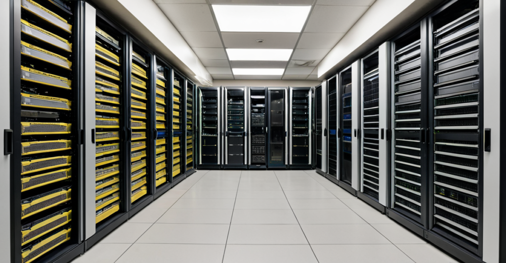 Modern AI research facility with data visualizations and server racks, symbolizing the AI boom.