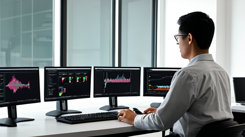 AI research lab workspace with a large monitor displaying a complex multimodal AI model, observed by a distant researcher.