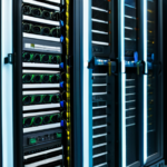 High-performance computing cluster with dense server racks and intricate wiring, indicating immense processing power for AI