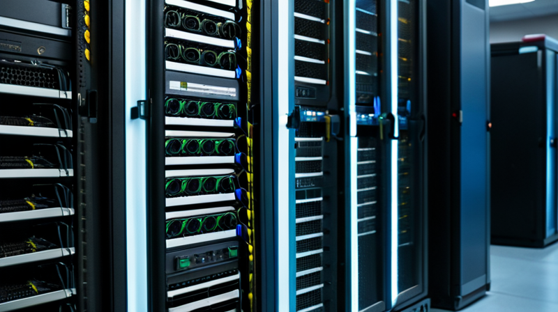 High-performance computing cluster with dense server racks and intricate wiring, indicating immense processing power for AI