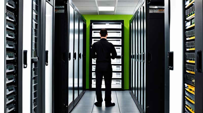 High-performance computing cluster with dense server racks and intricate wiring, indicating immense processing power for AI