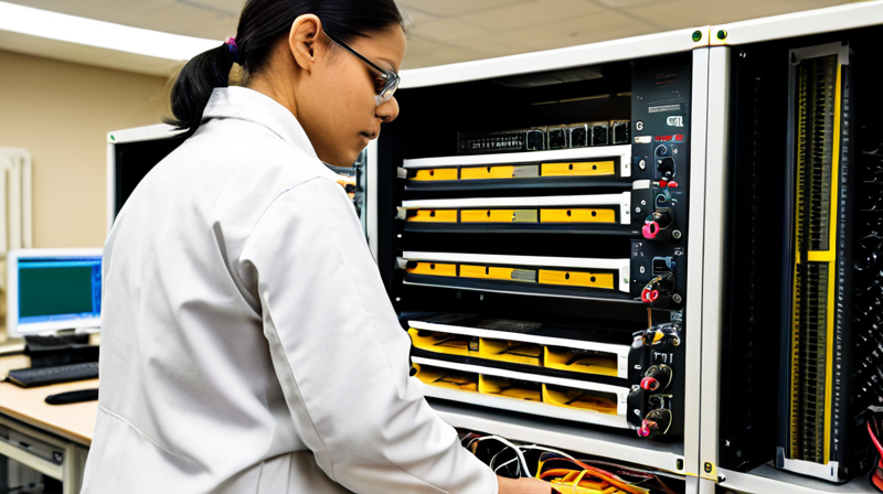 Hardware testing facility with diagnostic equipment and exposed server components.