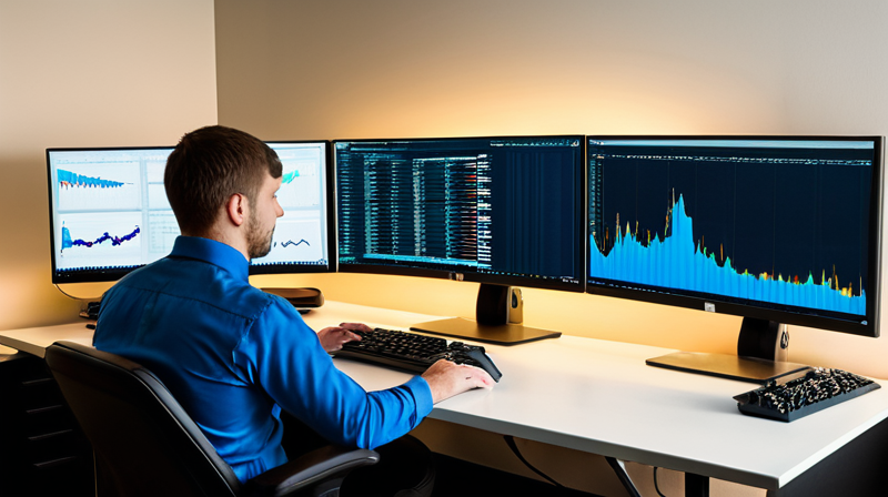 Data analyst monitoring real-time generative AI output on multiple screens, illustrating complex neural network activity.