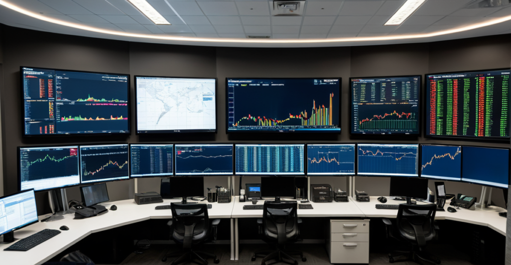 A modern financial trading room showing real-time cryptocurrency market data and charts on wide screens.