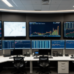 A modern financial trading room showing real-time cryptocurrency market data and charts on wide screens.