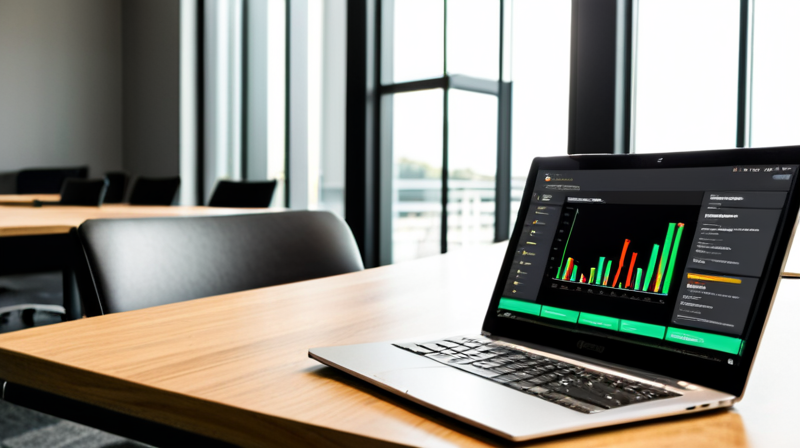 A corporate conference room table with a laptop displaying a digital asset compliance framework.