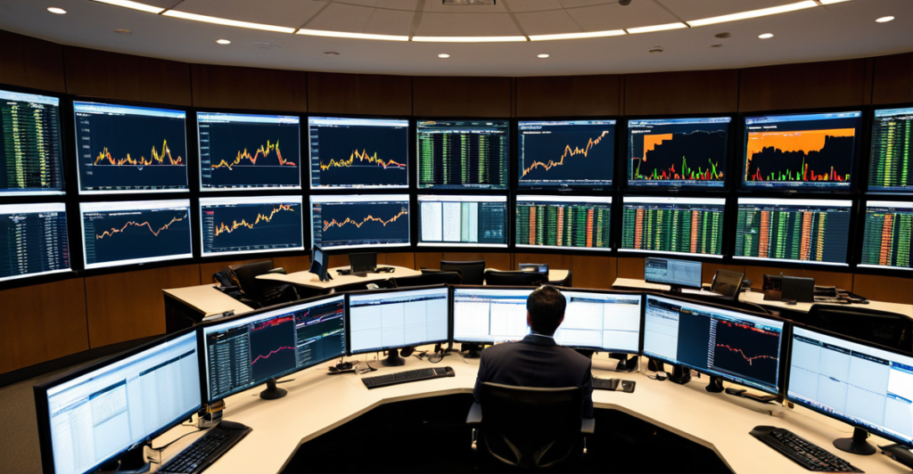 Modern institutional trading desk displaying global financial market charts and predictive data analytics for 2026 investment trends.