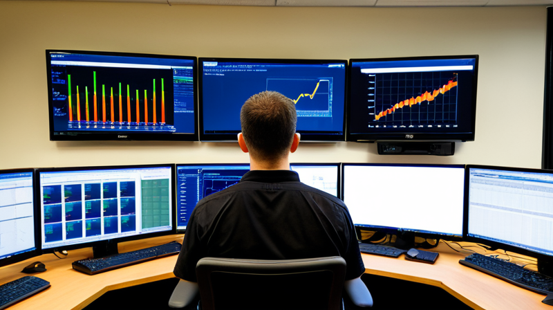 System administrator monitoring energy and performance metrics of an AI computing cluster.