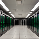 Panoramic view of a modern data center with glowing server racks, illustrating the infrastructure powering the Generative AI Boom.