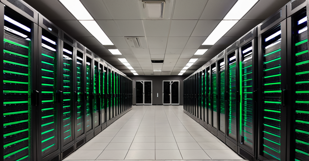 Panoramic view of a modern data center with glowing server racks, illustrating the infrastructure powering the Generative AI Boom.