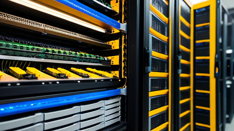 Close-up of a high-performance GPU server rack with visible GPUs and cooling, displaying neural network visualizations on a diagnostic monitor.