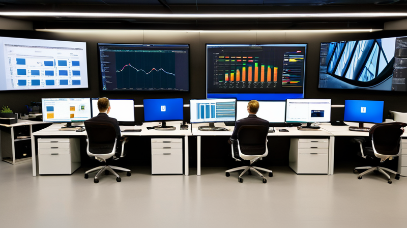 Modern collaborative workspace with large screens displaying code and data, emphasizing generative AI development.