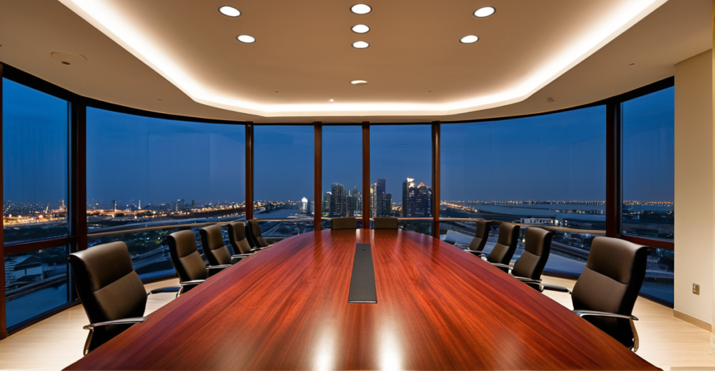 Sleek corporate boardroom table reflecting soft light with a blurred city skyline in the background, representing institutional finance.