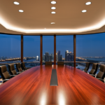 Sleek corporate boardroom table reflecting soft light with a blurred city skyline in the background, representing institutional finance.