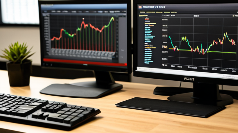 Financial terminal screen showing detailed asset allocation charts and data tables on a wooden desk.