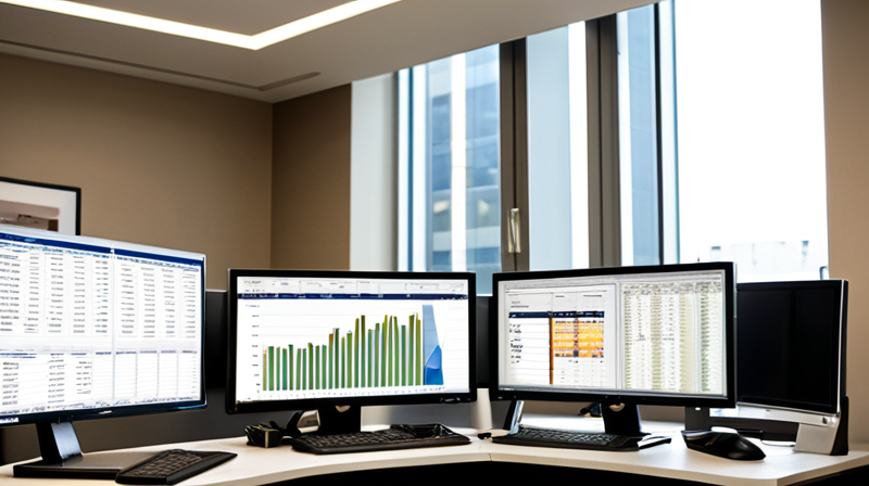 Analyst perspective viewing dual monitors with complex financial models and corporate spreadsheets.